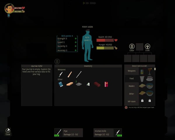 Inventory of food items, weapons and materials found throughout the hotel